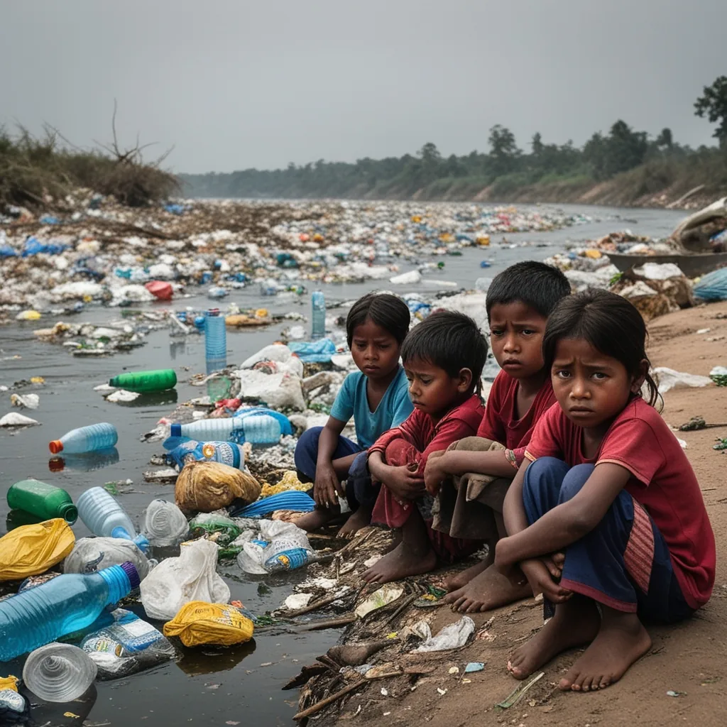 প্লাস্টিক দূষণ: প্লাস্টিকে ভরা নদীর ধারে শিশুদের ক্লান্ত ও বিষণ্ণ দৃষ্টি
