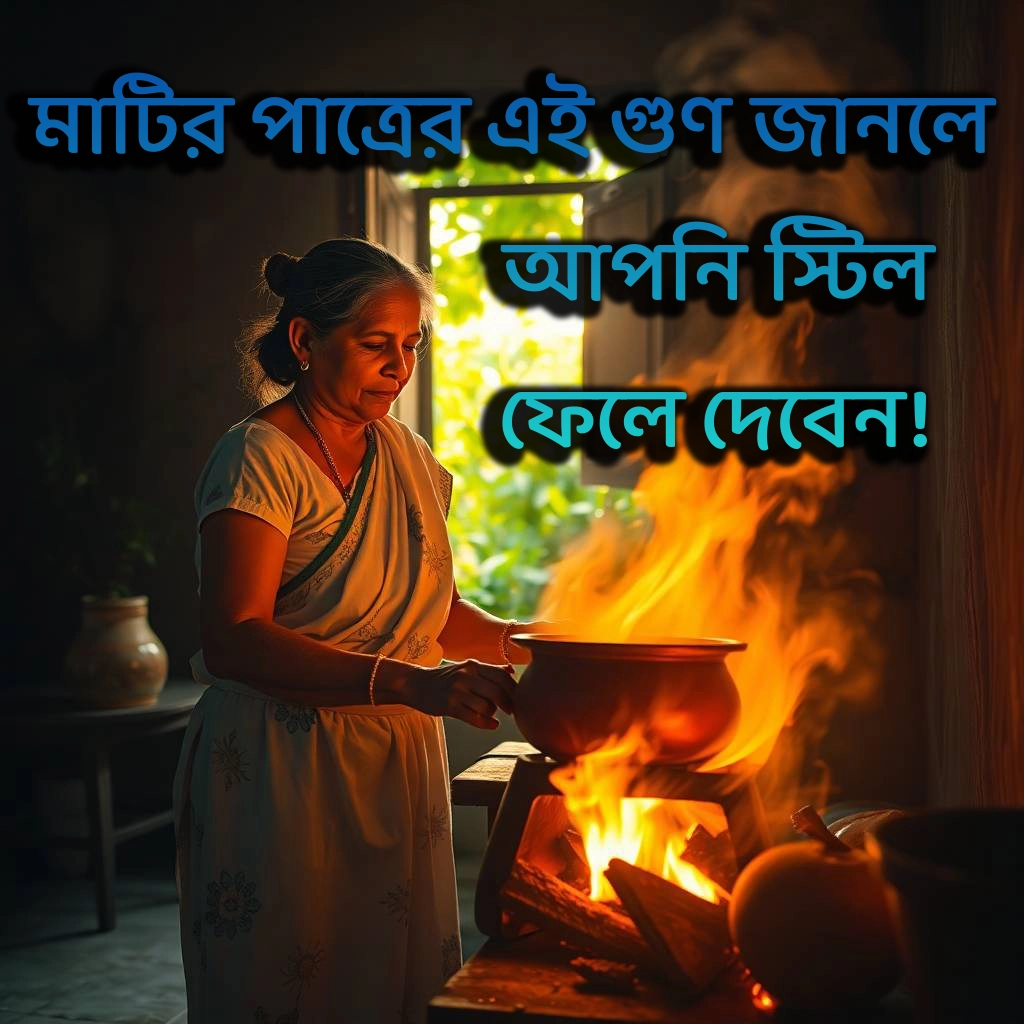 মাটির পাত্রে রান্না, একজন বাঙালি নারী ঐতিহ্যবাহী চুল্লোতে হাঁড়িতে রান্না করছেন