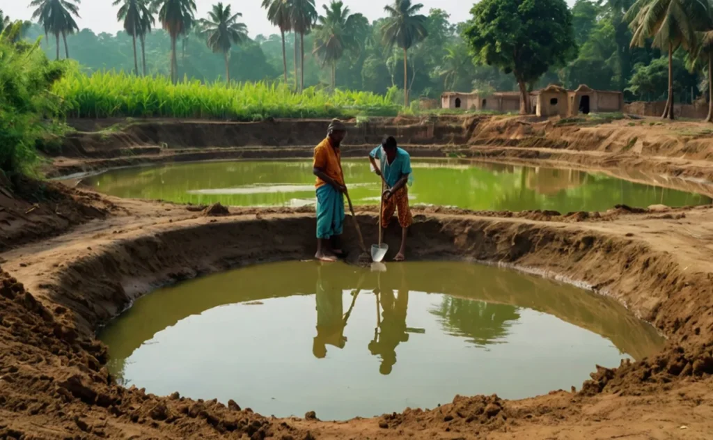 গ্রামীণ এলাকায় কাদা ও কোদাল দিয়ে পুকুর খনন করছেন দুইজন কৃষক (Rural farmers digging pond with spade)
