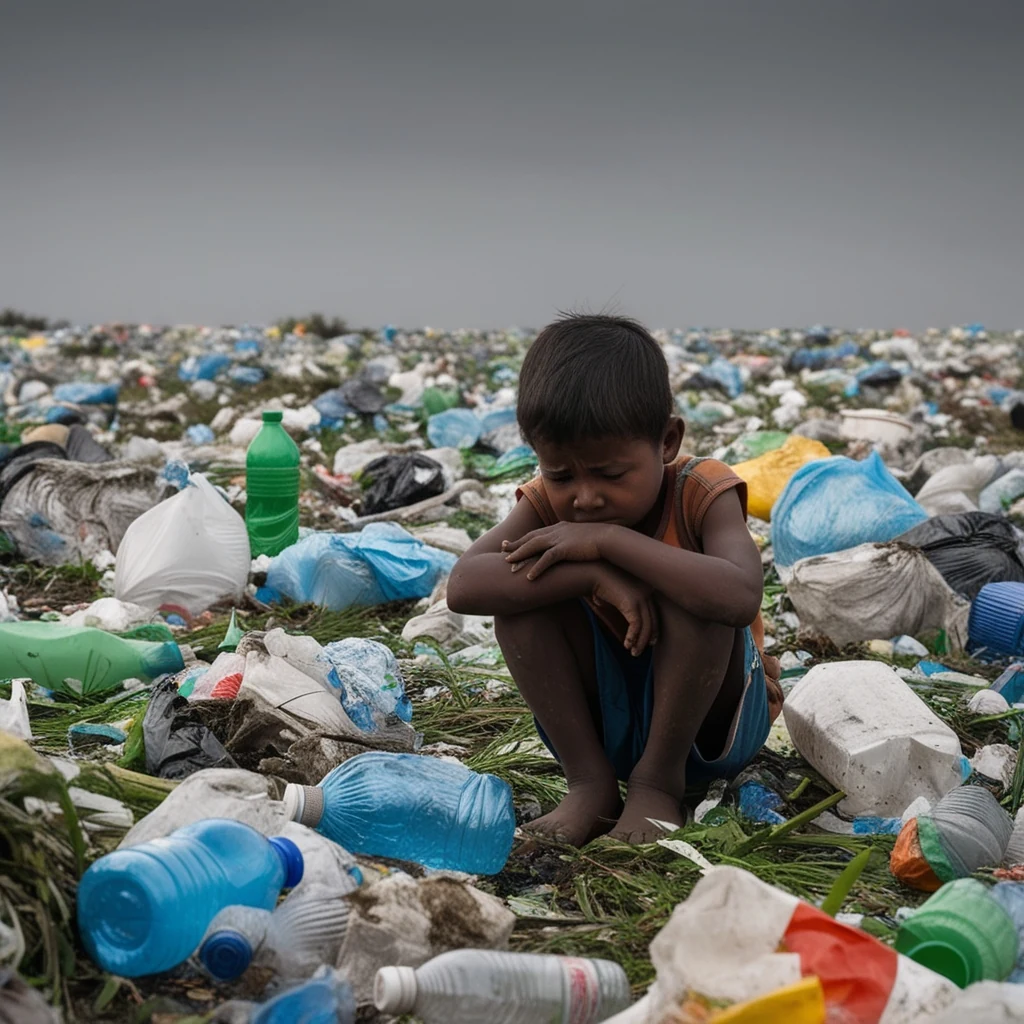 প্লাস্টিক দূষণ: প্লাস্টিকের মাঠে বসে থাকা এক বিষণ্ণ শিশু