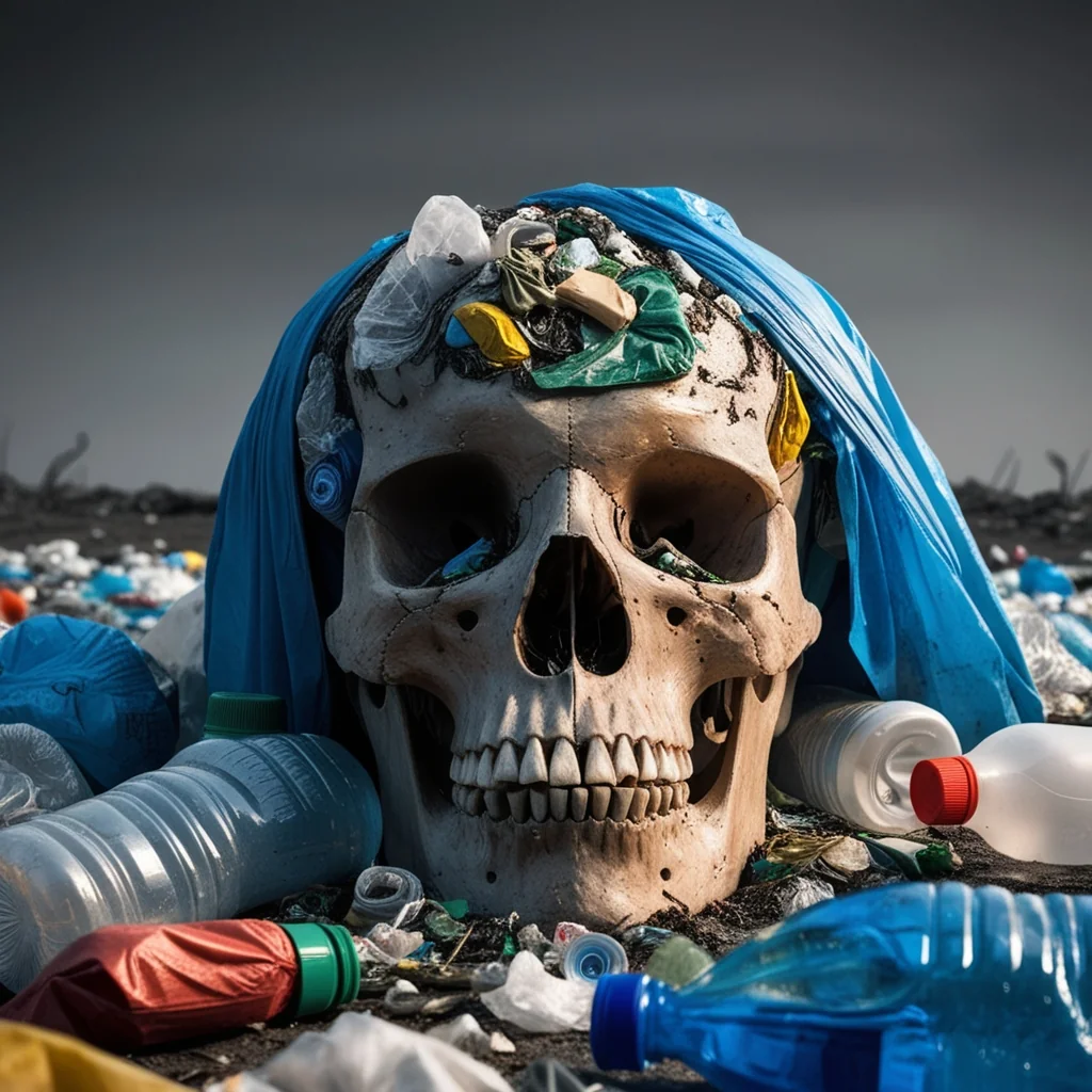 প্লাস্টিক দূষণ: প্লাস্টিক বর্জ্যে ঢাকা একটি মাথার খুলি