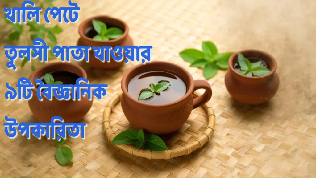 খালি পেটে তুলসী পাতা খাওয়ার উপকারিতা – মাটির কাপের মধ্যে তুলসী পাতা সহ আয়ুর্বেদিক পানীয়