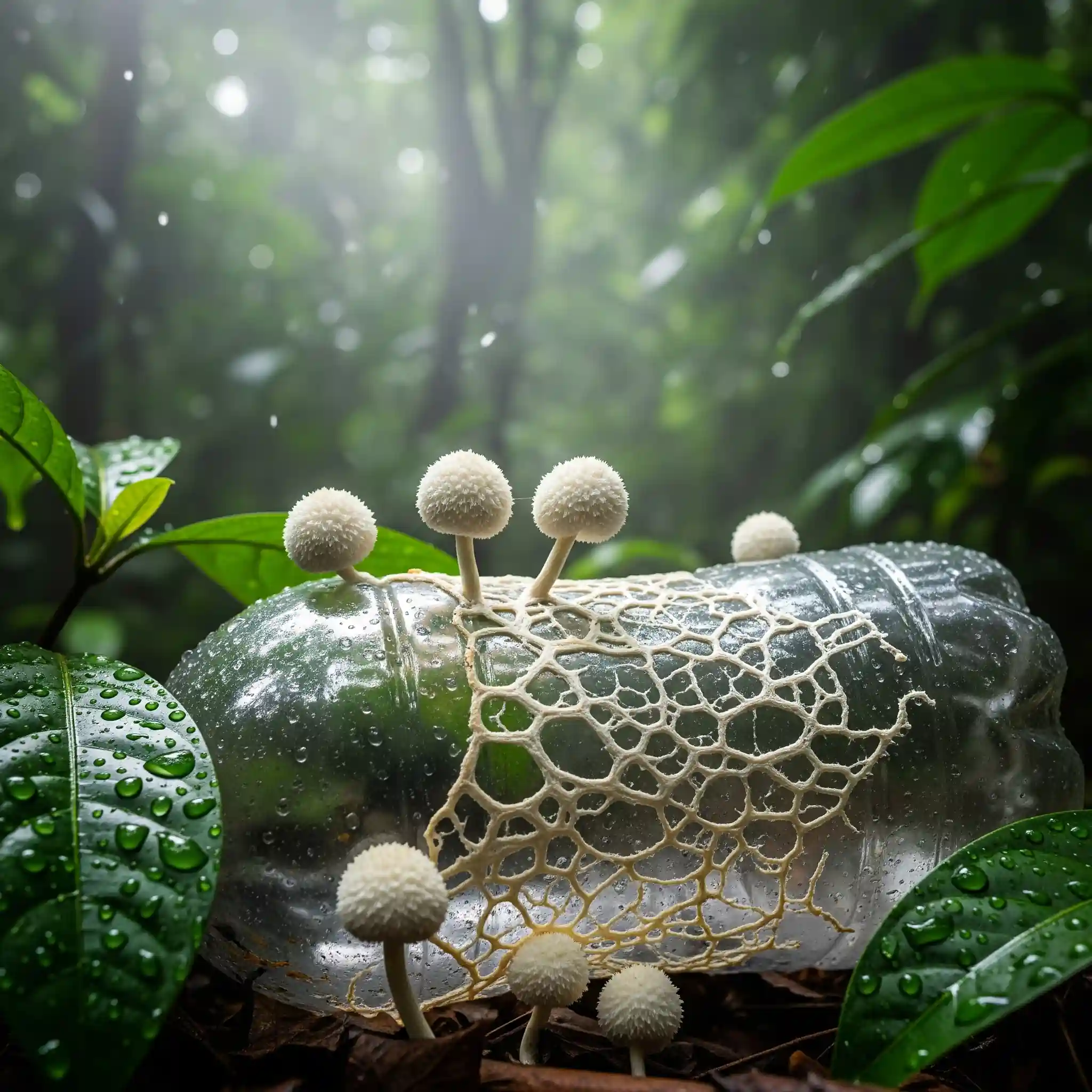 গভীর জঙ্গলের পরিবেশে একটি ফেলে দেওয়া প্লাস্টিকের বোতলের উপর জন্মানো সাদা রঙের প্লাস্টিক খেকো মাশরুম, যা বায়োডিগ্রেডেশনের মাধ্যমে প্লাস্টিক ভাঙছে।