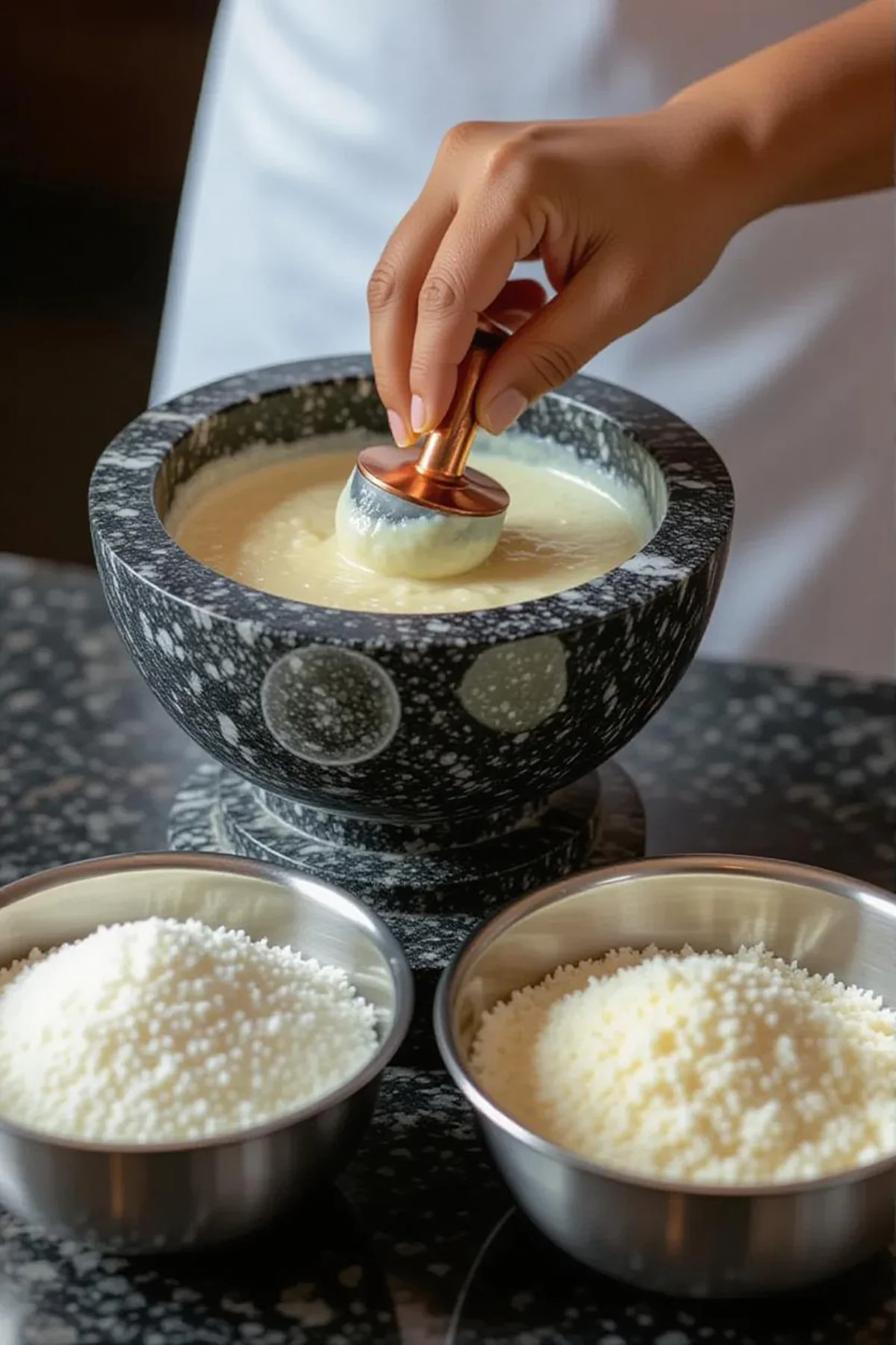 সাবুদানা , ডাল এবং পোহাকে একসাথে পেশাই করা হচ্ছে।